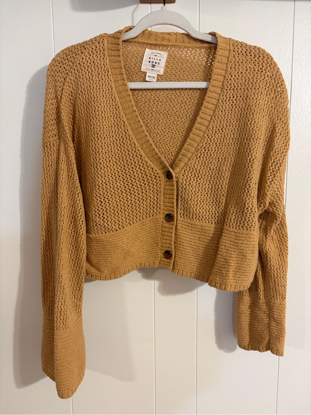 Billabong Open-Knit Cropped Cardigan in Mustard